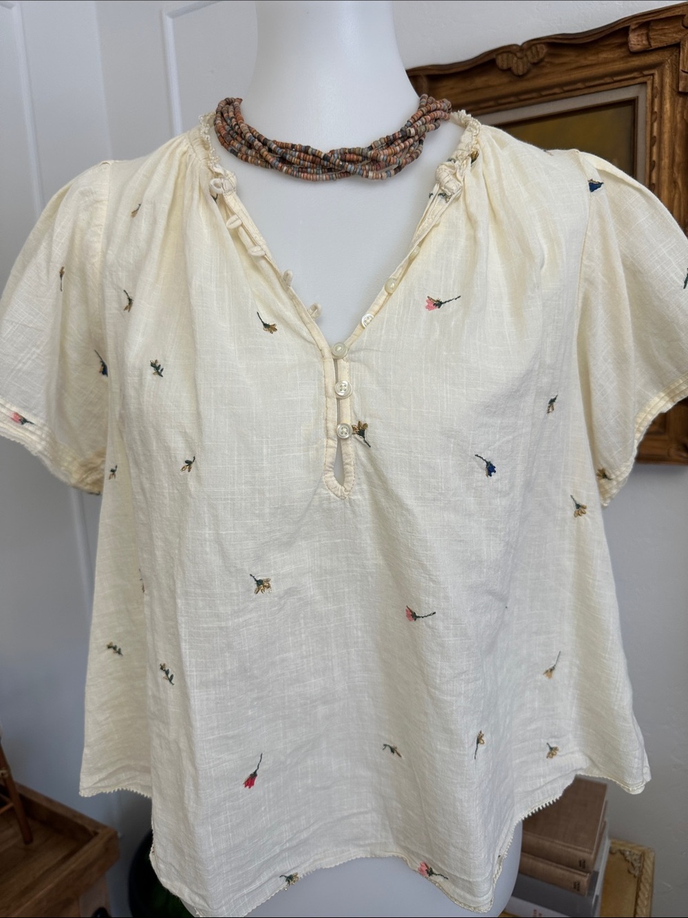 THE GREAT. Embroidered Floral Peasant Blouse